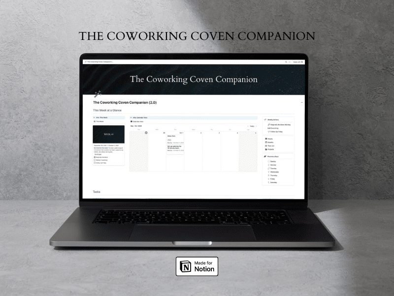 A laptop sits open with The Coworking Coven Companion, a Notion template on the screen